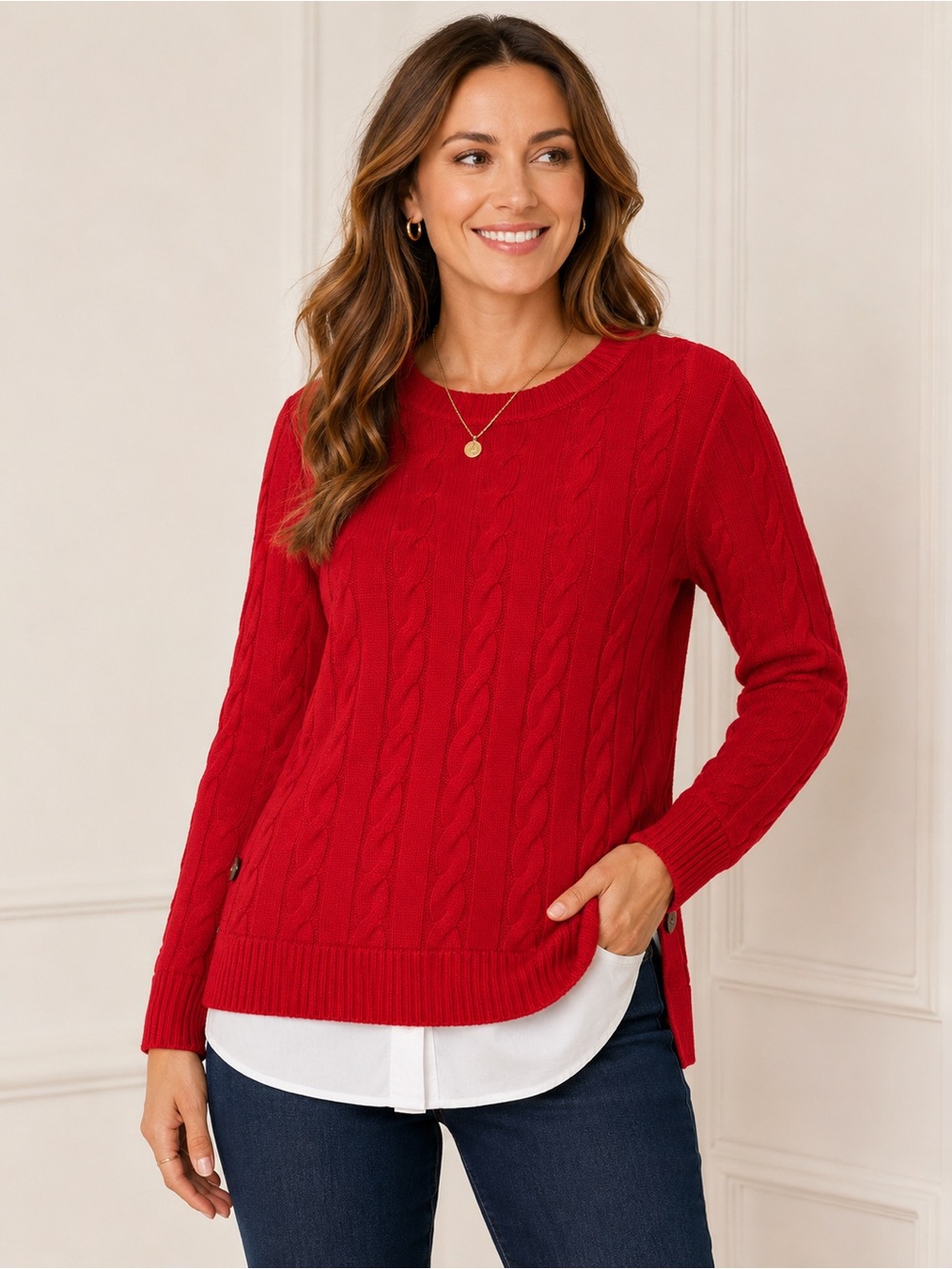 NWT d&Co Adaptive Red Cable Knit Layered Hem Sweater Medium